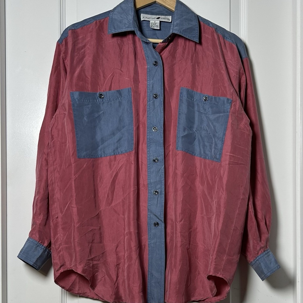 Jonathan Martin Vintage 90s 100% Silk Red Blue Colorblock Pocket Button Up Shirt
